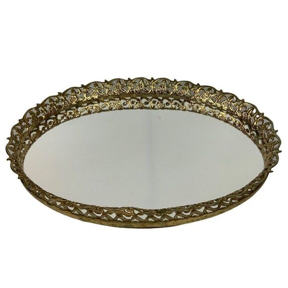 Vintage Oval Vanity Tray Gold Gilt Metal Filigree Mirror Hollywood Regency 1950s - Picture 4 of 8